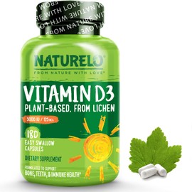 NATURELO NATURELO Vitamin D - 5000 IU - Plant Based from Lichen - Natural D3 Supplement for Immune System, Bone Support, Joint Health - High Potency - Vegan - Non-GMO - Gluten Free - 180 Capsules