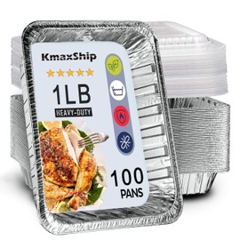 KmaxShip Aluminum Pans With Clear Lids - 100 Count - 1LB Takeout Pans (5"x4")- To Go Containers With Lids - Disposable Tin Foil Pans - Perfect For Catering, Meal Prep, Baking, Freezer Safe