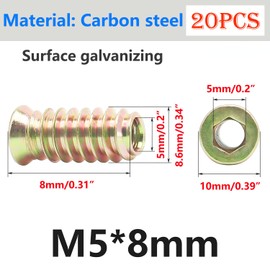 Qrity 20PCS Threaded Inserts Nuts, Hex Drive Head Nuts, Threaded Inserts for Wood, Hex Socket Drive, Zinc Plated Carbon Steel, M5x8mm Insert Nut