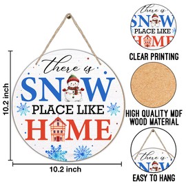 Winter Sign There's Snowplace Like Home Round Wooden Hanging Sign Snowflake Sonwmen Decorations for Winter Holiday Home Front Door (10.2 x 10.2 Inches)