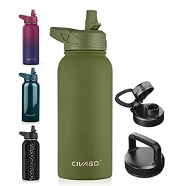 CIVAGO 32 oz Insulated Water Bottle With Straw, Stainless Steel Sports Water Cup Flask with 3 Lids (Straw, Spout and Handle Lid), Wide Mouth Travel Thermo Mug, Army Green