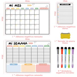 LSHSXPX - Calendario Pizarron Organizacion, Calendario Magnético para Refrigerador, Con cinco bolígrafos borrables y gomas de borrar de pizarra para la planificación semanal, la programación, etc