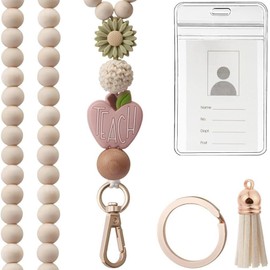 Fdeety Elegant Flower Pendant Key Ring and Card Holder Made of Wooden Beads for Office and School Durable ID Card Holder with Decorative Tassel Set of 3 Pieces (C)