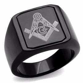 Black IP Stainless Steel Masonic Wide Band Ring, Black Ion Plated, Hypoallergenic, Lanyjewelry for Adults - Ring Size: 9