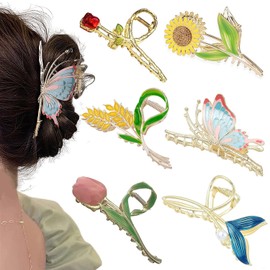 Flower Metal Hair Claw Clips 6 Pcs Cute Large Tulip Hair Claw NonSlip Hair Barrettes Strong Hold Hair Clamps Fashion Hair Accessories for Woman Girls with Long Thick Thin Curly Hair (D Style)