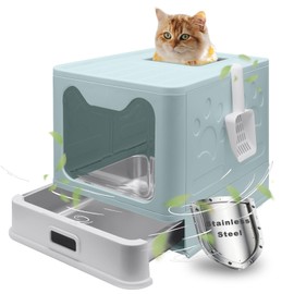 Helntova Stainless Steel Litter Box, Foldable Enclosed Cat Litter Box with Lid, Large Top Exit Design with Pull-Out Drawer & Scoop, Easy Clean Odor Control -Pink