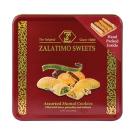 Zalatimo Sweets Since 1860, 100% All Natural Assorted Mamoul Shortbread Cookies, Square Metal Gift Tin, Slightly Sweet Cookies, Pistachio, Walnuts, Dates, No Preservatives, No Additives, 1.7Lbs