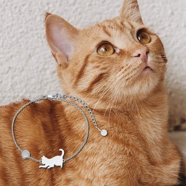 LONAGO Cat Bracelet 925 Sterling Silver Cute Cat with Birthstone Bracelet Jewellery for Women, Sterling Silver