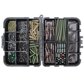 OKVGO Carp Fishing Tackle Box Accessories Kit with Rolling Swivel Hook Bait Screw Stop Beads Anti Tangle Sleeves Safety Link Clips for Carp Fishing Bait Rig Making 321pcs Set