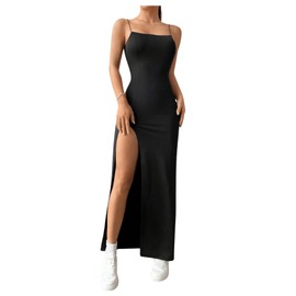 GORGLITTER Cami Dress Women's Elegant Dress with Slit Summer Spaghetti Straps Dress Long Summer Dress Sexy Maxi Dress, black