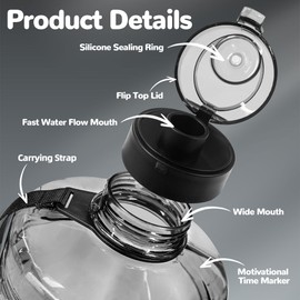 QD.SUZEE 1 Gallon Water Bottle, Water Jug with Motivational Time Marker & Strap & Handle,Large-Capacity leakproof water bottles for Travel Sport Gym Outdoor（Clear