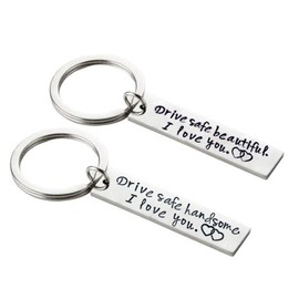 Meiligo Stainless Steel Valentines Day Gift Drive Safe Handsome Beautiful I Love You Keychain for Boyfriend Girlfriend Husband Wife Dad Mom Couples Stocking Stuffer (Handsome and Beautiful (2pcs))