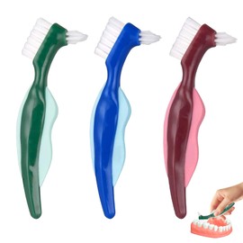 3 Stück Doppelborstenkopf Prothesenzahnbürste, Zahnbürste Hart, Prothesenbürste, Portable Ergonomische Zahnsatzbürste mit Mehrschichtigen Bürsten, Hartes Zahnprothesenreinigungswerkzeug (Drei Farbe)