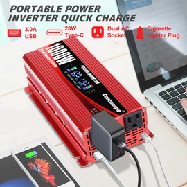 Cantonape 1000W/2000W(Peak) Car Power Inverter DC 12V/24V to 110V AC Converter with LCD Display Dual AC Outlets 3.0A USB and Type-C Car Charger for Car Home Laptop Truck Red