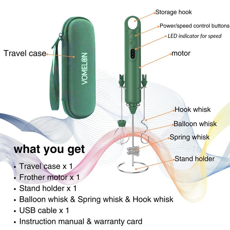Rechargeable Milk Frother Handheld 3 Speed Coffee Foamer [3 Whisk]