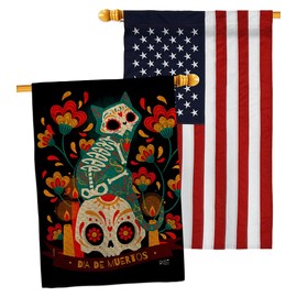 Suger Skull Gato Burlap House Flags Pack Falltime Day of Dead Dia De Los Muertos Fiesta Mexican Party Autumntime USA Embroidery Small Decorative Gift Yard Banner Double-Sided Made In 28 X 40