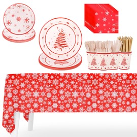 WedDecor Christmas Decorations Party Disposable Tableware Set - 138 Pieces, Includes Plates, Cups, Straws, Napkins, Xmas Rectangle Tablecloth and Wooden Cutlery for 16 Guests | Red & White Xmas Theme