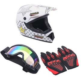 Helmet, Adult Motocross Dirt Bike Helmet Adjustable Sun Visor ATV Helmet DOT Certification Off-Road Motorcycle Helmets w/Goggle&Gloves for Riding Racing Cars, Motorcycles, Electric Bikes(White-L)
