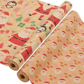 AhfuLife 2 Rolls Christmas Wrapping Paper - 17 Inch × 49.2 Feet Per Roll, Recyclable Kraft Xmas Wrapping Paper Roll for Kids Christmas Gift Box Birthday Party Decoration -138 sq. ft. ttl (Hoho/Santa)