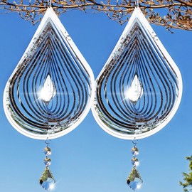 Wind Spinners Outdoor, 2PCS Water Droplets Wind Spinners Garden Decor, 3D Stainless Steel Metal Sculptures Decorations, Bird Deterrents for Outside, for Indoor Outdoor, Birthday Gifts for Mom