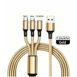 3-in-1 USB Charging Cable, Type-C/Micro Compatible, 1.2m/47in Braided Cord, Gold