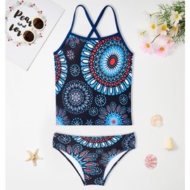 Century Star Girls Swimsuits Two Piece Tankini Bathing Suit Hawaiian Swimwear Kids Toddler Beach Swimsuits Blue Round Flower 10-11 Years