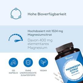 Magnesium Citrate - 120 Vegan Capsules - 1520 mg Magnesium Citrate per Daily Dose - Perfect for Athletes - Muscle Function, Nerves & Energy - With Vitamin B6 - Laboratory Tested, No Additives