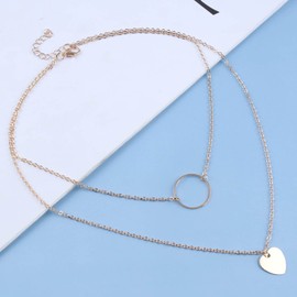 Yheakne Vintage Layered Circle Choker Necklace Love Heart Pendant Necklace Gold Eternity Love Necklace Double Chain Necklace Jewelry for Women and Girls