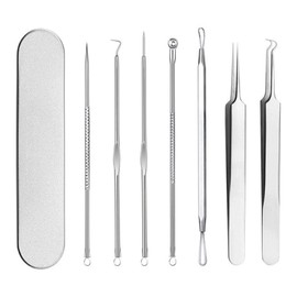 Trust Contact Square Plug Tweezers, Set of 7, Acne Removal, Pore Care, Pore Removal, Facial Extruder, Antibacterial, Stainless Steel, Case Included