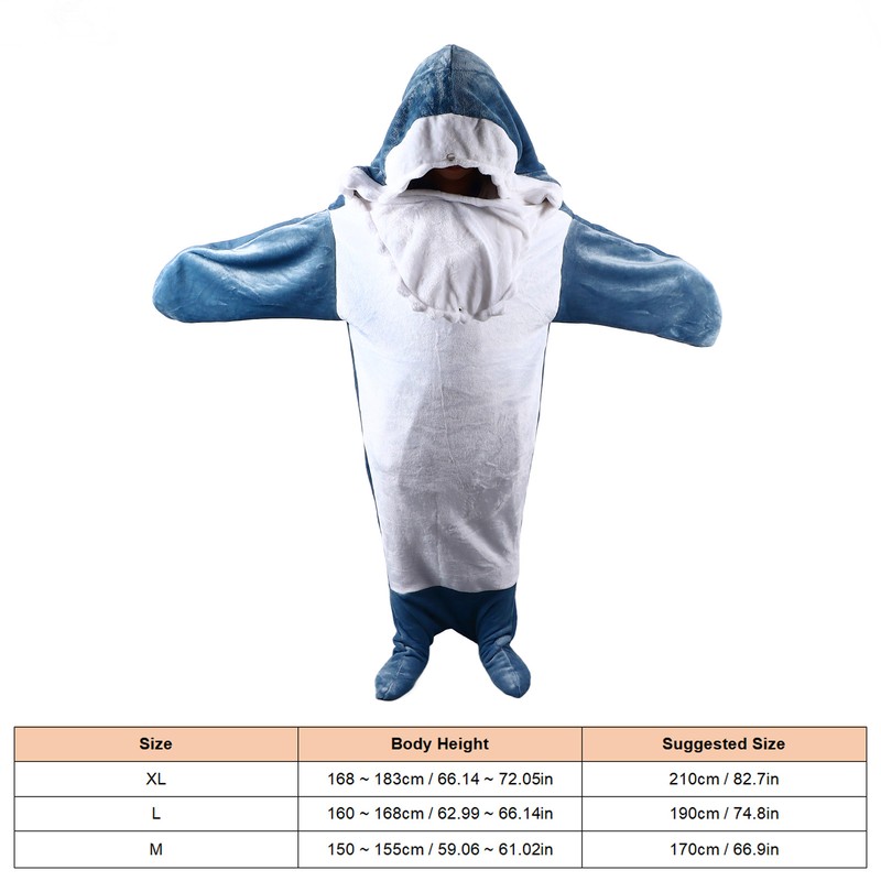 Wearable Shark Sleeping Bag Soft Cozy Flannel Hooded Blanket for