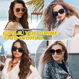 GQUEEN Oversized Sunglasses Women's Retro Vintage Square UV400, 1.1 black-red frame/grey lens