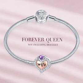 FOREVER QUEEN Birthstone Wife Charm Bead for Bracelet 925 Sterling Silver Love Heart Wife Charms Pendant for Bracelet, Best Birthday Gift for Wife, Sterling Silver