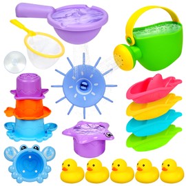 Vicloon Pack of 16 Bath Toys Baby from 1 2 3 4 Years, Bath Toy Water Toy Children with Boats Bath Spoons Bath Duck Ocean Sand Toy Swimming Pool Toy Outdoor Educational Game