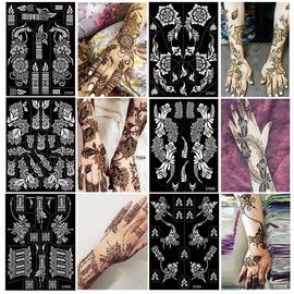 10 Sheets Henna Tattoo Stencils 10 Pair Arm Hand Tattoo Template Temporary Indian Arabian Glitter Airbrush Tattoo Stickers for Face Body Paint DIY (Black) - Color: Black