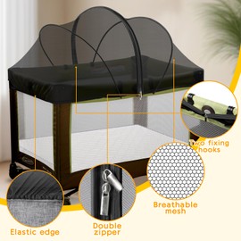 Pack and Play Cover - Mosquito Net Cover for Pack n Play/Travel Crib/Mini Crib/Playpen to Keep Cats Out - Breathable Baby Mosquito Net with 2-Way Zipper (Black-Large)