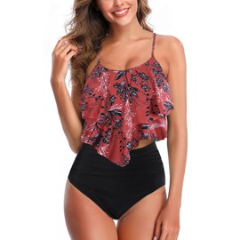 Trajes de baño tankini para mujer, con volantes y control de barriga, diseño floral, de cintura alta, bikini de dos piezas, Rojo (Red Floral), L