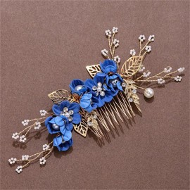 DANRENPANG Bride Wedding Hair Comb Pearl Flower Hair Piece Rhinestone Bridal Hair Accessories for Women (blue)