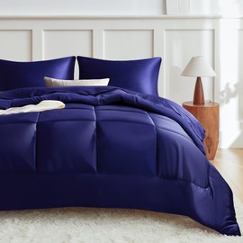 MR&HM King Size Comforter Set Navy Blue, Reversible Satin Microfiber Comforter Set for All Seasons, 3 Pieces Non-Slip Silky Soft Bedding Sets with 1 Comforter (104"x90") and 2 Pillowcases (20"x36")