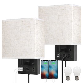 CADUKE Bedside Wall Lamp Set of 2, Plug in Wall Sconce with USB Charging Port and AC Outlet, Modern Black Brushed Nickel Wall Light with Plug in Cord for Living Room Office, E26 LED Bulb Included