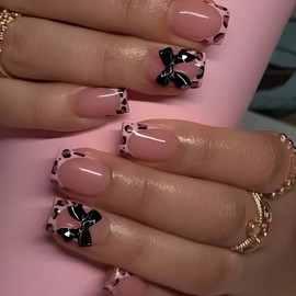 Square Press On Nails Short Fake Nails Leopard Print With Bow Design French Tip False Nails Full Cover Acrylic Nude Glue On Nail Cute Stick On Nail For Women Girls Manicure Decorations 24pcs