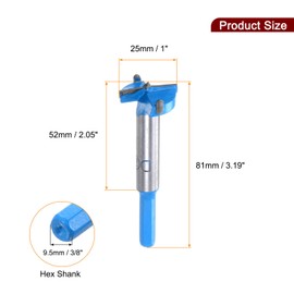 sourcing map Forstner Drill Bits 1 inch / 25mm Hex Shank 3/8 inch, Carbide Forstner Bit Woodworking Hole Opener Cutter Tool for Wood Drilling/Cabinet Hinges, Blue