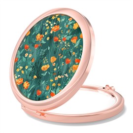 Nipichsha Compact Mirror, Pocket Travel Makeup Mirror, 2 - Sided 2X / 1X Magnification, Small Folding Portable Handheld, 2.75 in Rose Gold, Beautiful Flowers