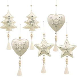 ALT2DAY Rustic Farmhouse Metal White Country Primitive Christmas Tree Hanging Ornaments Christmas Home Table Decor Set of 6