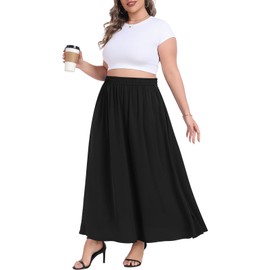 Lastshe Plus Size Maxi Skirts for Women Casual Elastic High Waisted Hide Drawstring Flowy A-line Long Skirt with Pockets,Black,3X