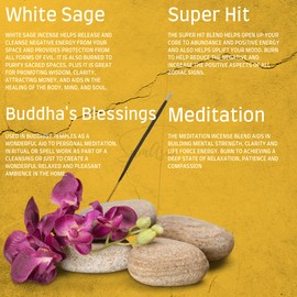 SAMASIA Satya Mix 12 incense set 4 - Dragons Blood, Vanilla, Spiritual Healing, Rose, Patchouli, Opium, Oodh, Meditation, Buddhas Blessings, Agarbatti, White Sage etc and comes with incense holder