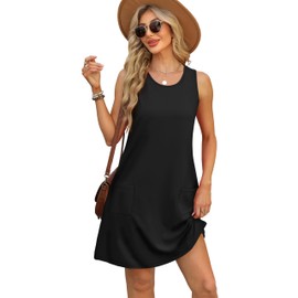 OFEEFAN Casual Dresses for Women Trendy Summer Black Dress with Pockets Vacation Outfits L