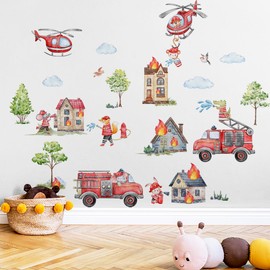 Mestiker Fire Brigade Wall Sticker, Fire Truck, Airplane, Burning Buildings, Safety Education, Wallpaper Sticker, Removable, Stylish, Nordic, Kindergarten, Nursery, Wall Sticker Decoration, 35.4 x