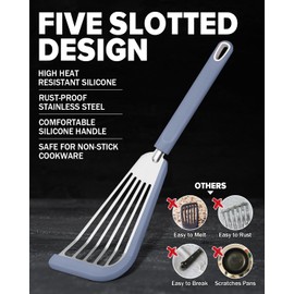 Silicone Fish Spatula Turner Set of 2, Thin Slotted Spatulas Turner for Nonstick Cookware,Heat Resistant Flexible Stainless Steel Kitchen Cooking Spatula Flipper for Fish, Egg, Pancake