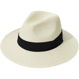 DRESHOW Women Straw Panama Hat Fedora Beach Sun Hat Wide Brim Straw Roll up Hat UPF 50+