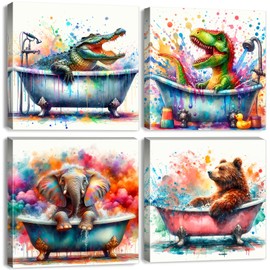 Funny Kids Bathroom Wall Art Colorful Animals in Bathtub Pictures Wall Decor Watercolor Cartoon Elephant Bear Crocodile Dinosaur Bath Painting Artwork for Nursery Bedroom Home Decorations 12x12" 4 Pcs